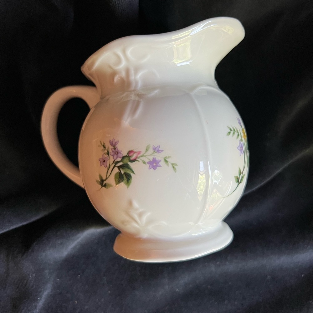 6.25”T, Sweet Beverly Rose Pitcher,Tabletops Unlimited. Violets,Sweet Rose Buds.